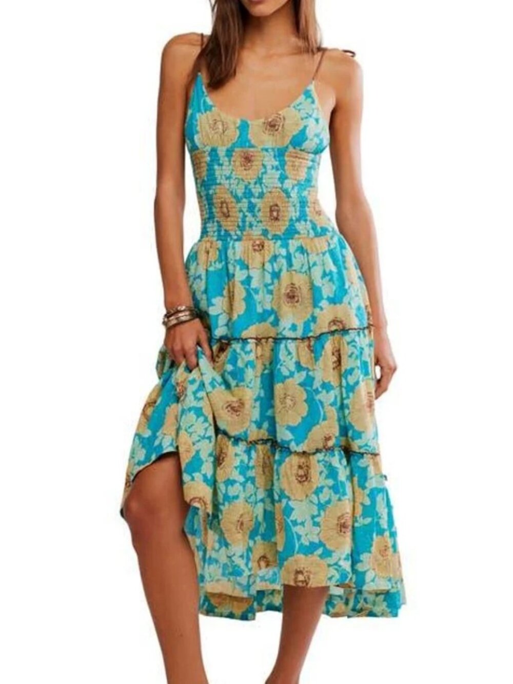 Free People "Adriel" Tie Strap Tiered Midi Dress